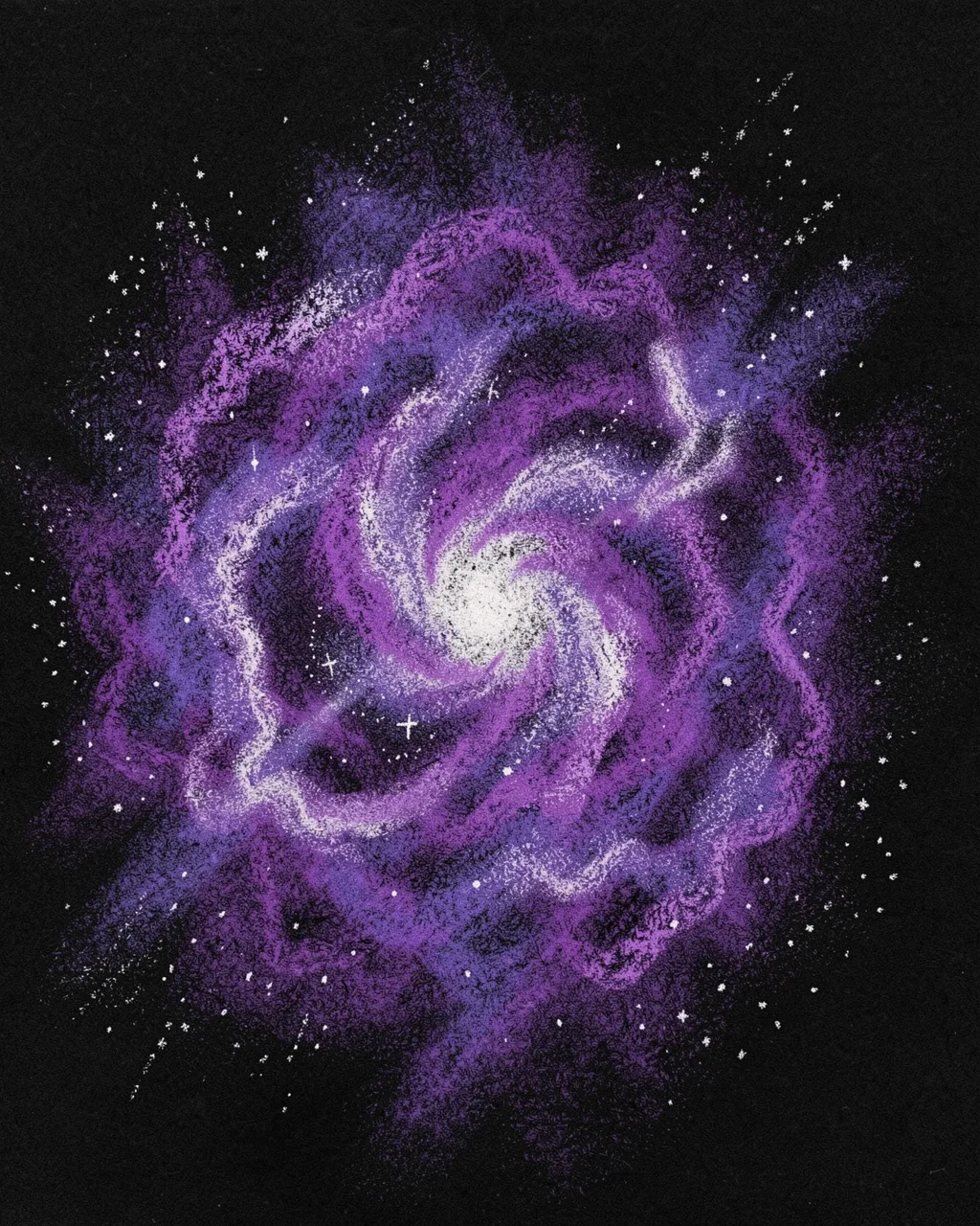Pastel chalk drawing of a swirling glowing violet nebula with stardust on black paper