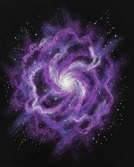 Pastel chalk drawing of a swirling glowing violet nebula with stardust on black paper