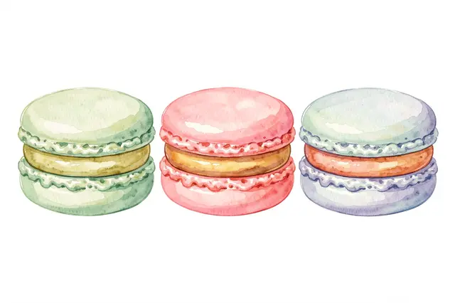 Three pastel french macarons arranged in a horizontal row on a plain white background in soft watercolor style