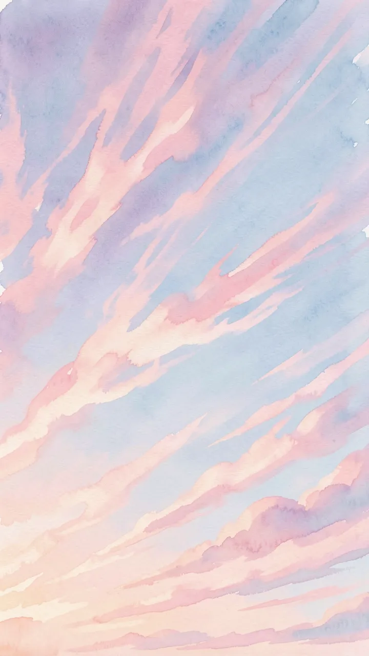 Vertical watercolor of wispy pink and blue cirrus clouds across a soft pastel morning sky