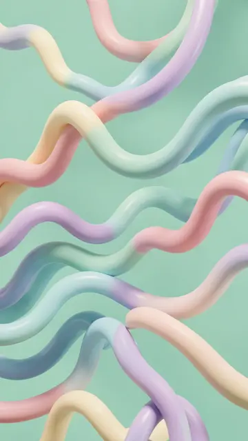 Glossy gradient pastel wavy tubes curl across a soft mint green background