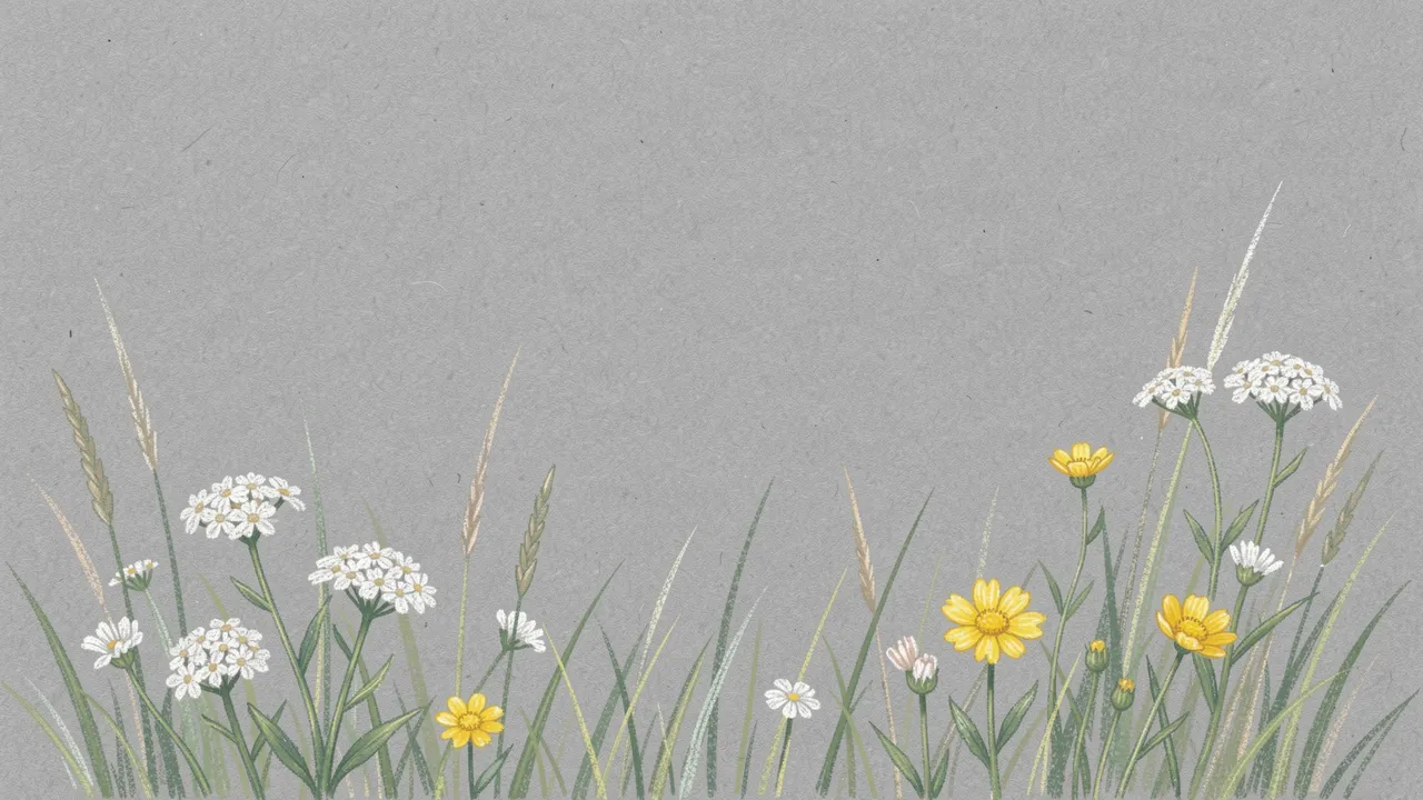 Hand-drawn wildflowers and grasses rise from the bottom edge of a textured gray paper background with empty copy space above.