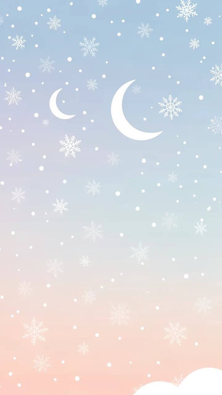 A vertical pastel gradient sky with drifting snowflakes and two white crescent moons