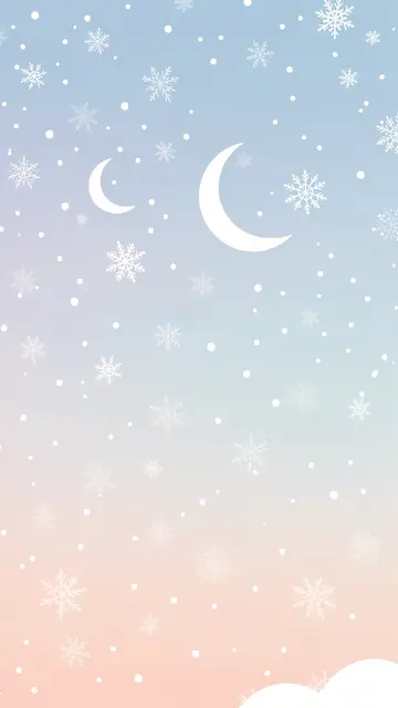 A vertical pastel gradient sky with drifting snowflakes and two white crescent moons