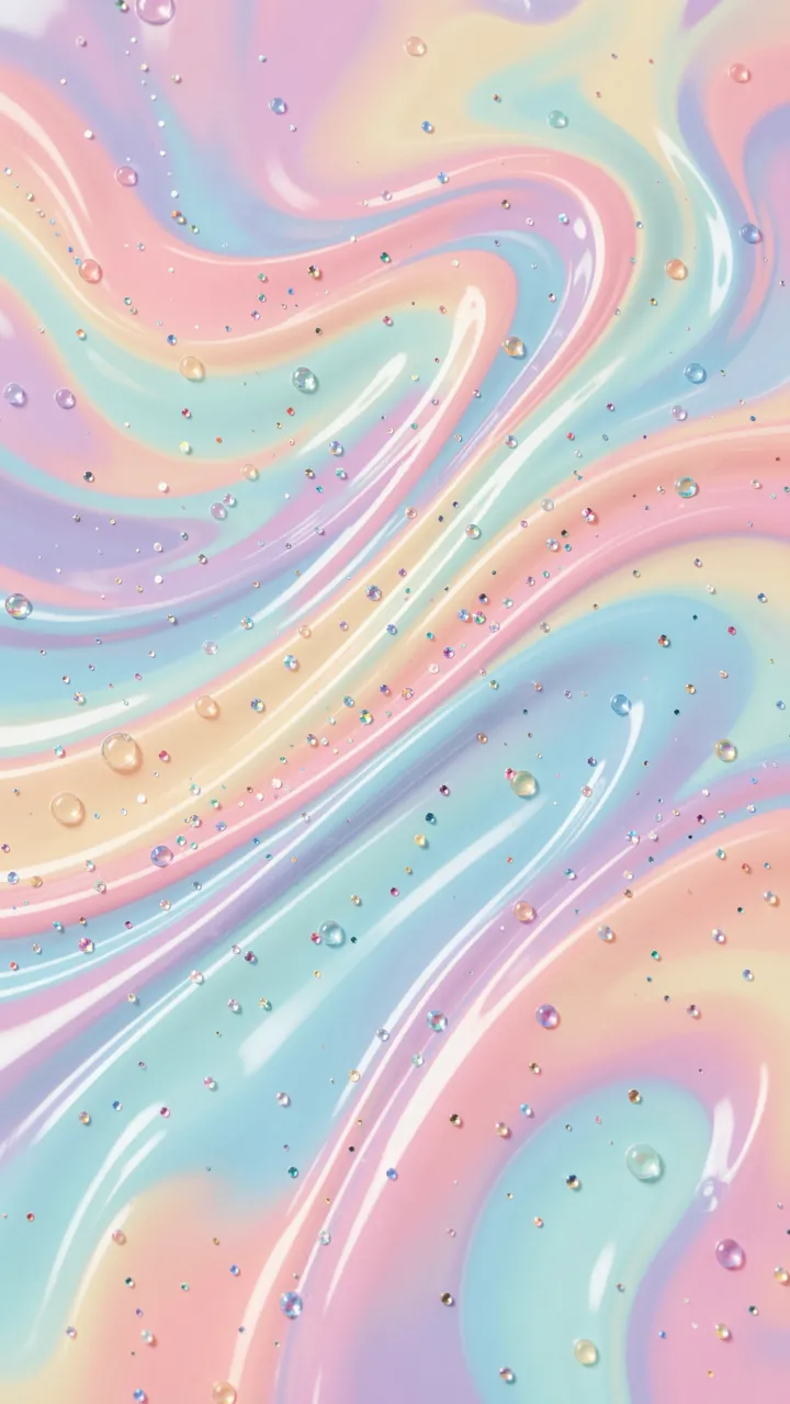 Glossy swirling pastel gel pattern scattered with glitter and tiny trapped bubbles for a vertical wallpaper.