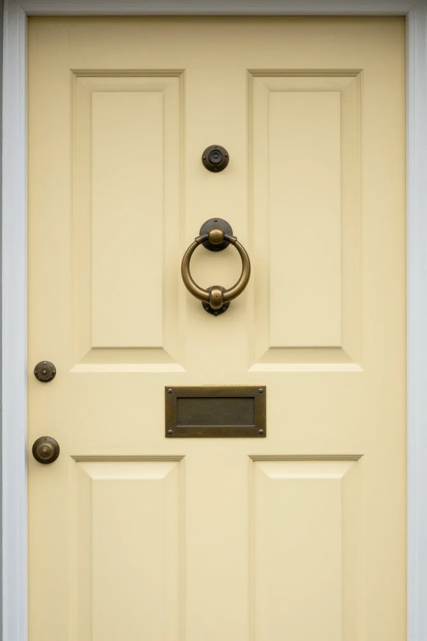 A pale yellow paneled front door fitted with antique brass hardware including a door knocker and mail slot