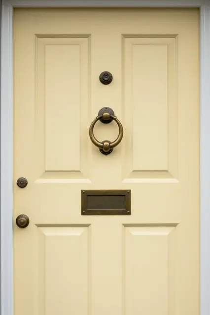A pale yellow paneled front door fitted with antique brass hardware including a door knocker and mail slot