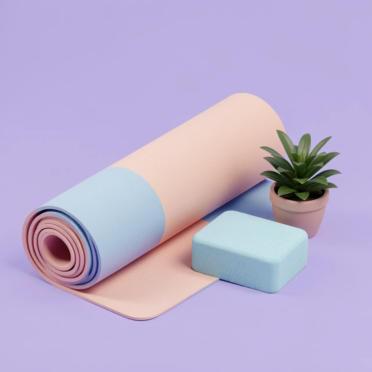 Rolled pastel yoga mat, foam block and small potted plant rest on a soft lilac background