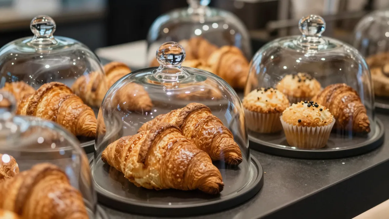 Assorted croissants and muffins displayed under clear glass cloches on a dark cafe counter