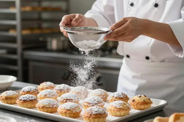A pastry chef sifts powdered sugar over a tray of small baked tarts in a commercial kitchen.