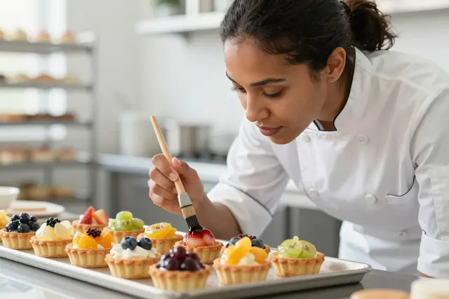 A mixed-race female pastry chef glazes fresh fruit tarts with a brush in a bright kitchen.