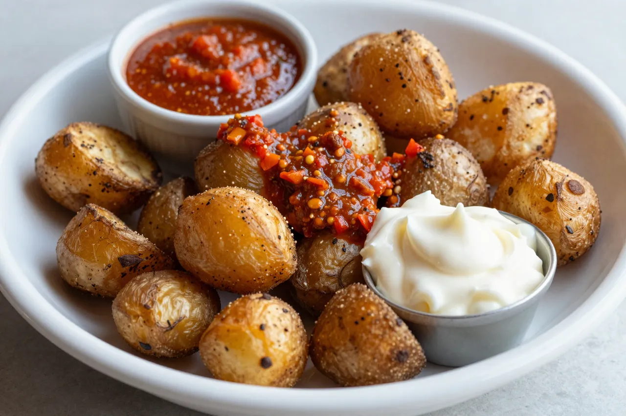 Roasted potato patatas bravas served with spicy red sauce and creamy aioli on a white plate