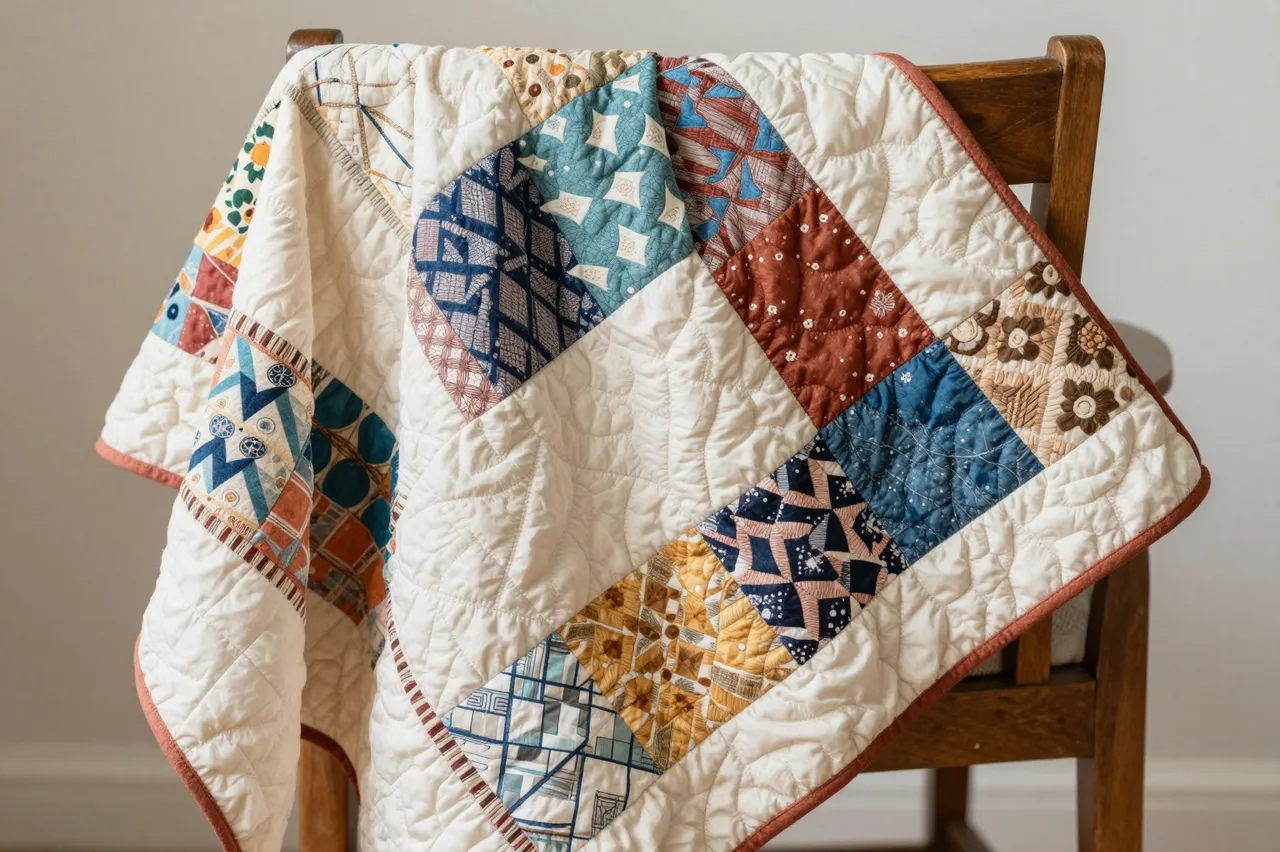 A colorful patchwork quilt draped casually over the back of a simple wooden chair against a plain neutral wall.