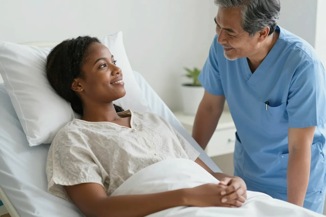 A smiling female patient rests in a hospital bed as a male nurse leans in to speak with her.