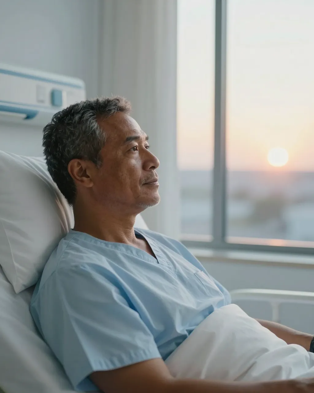 Middle aged male patient in a hospital gown sits upright in bed gazing at sunrise through a room window