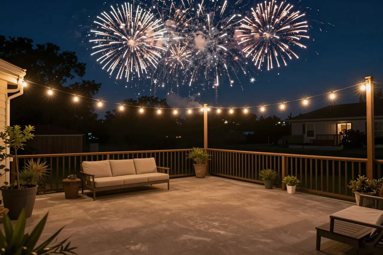 Empty backyard patio strung with fairy lights under bright bursting fireworks in a dark night sky