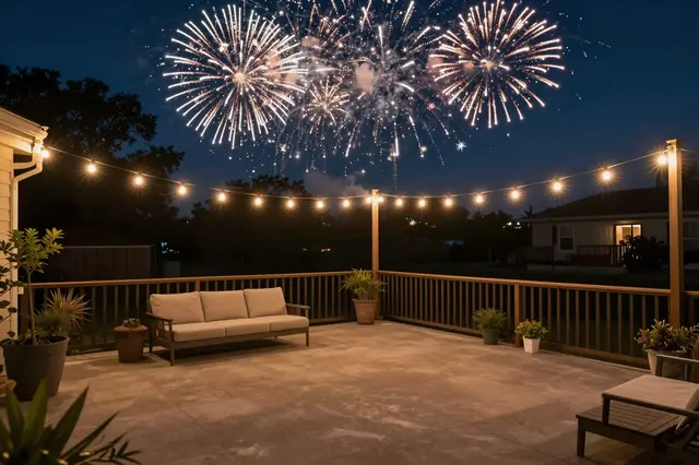 Empty backyard patio strung with fairy lights under bright bursting fireworks in a dark night sky