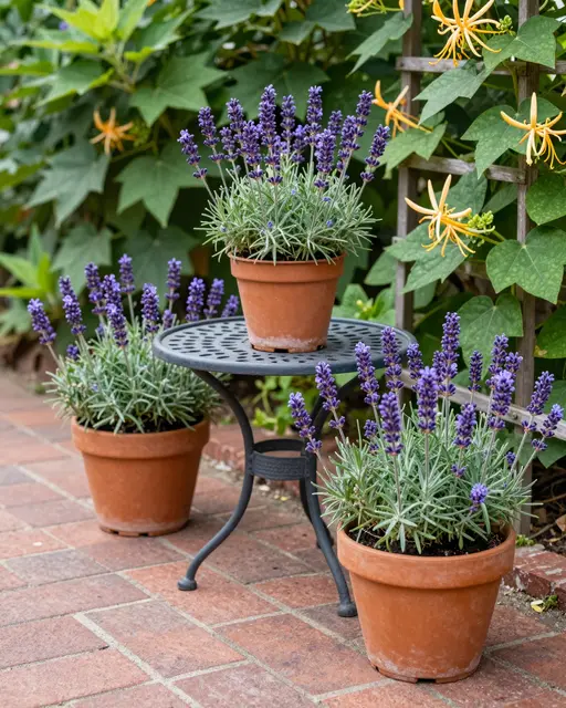 Potted lavender surrounds a small iron table on a brick patio beside a honeysuckle trellis