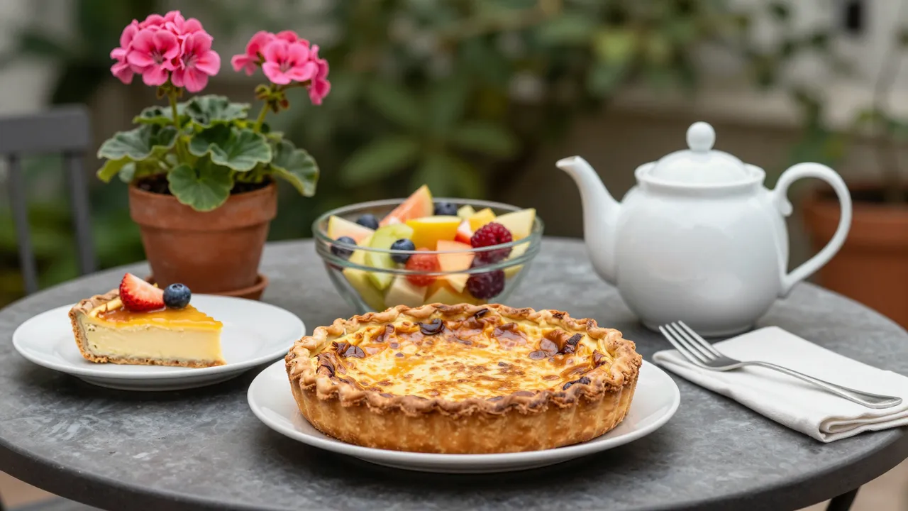 Outdoor patio table set with quiche, fruit salad, teapot and potted pink geraniums