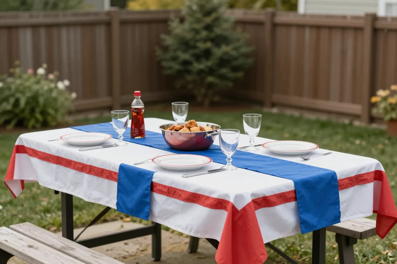 A backyard picnic table set with red white and blue decor for a summer holiday gathering