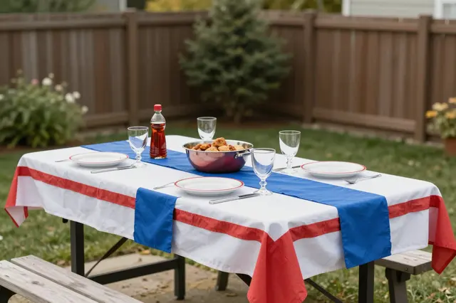 A backyard picnic table set with red white and blue decor for a summer holiday gathering