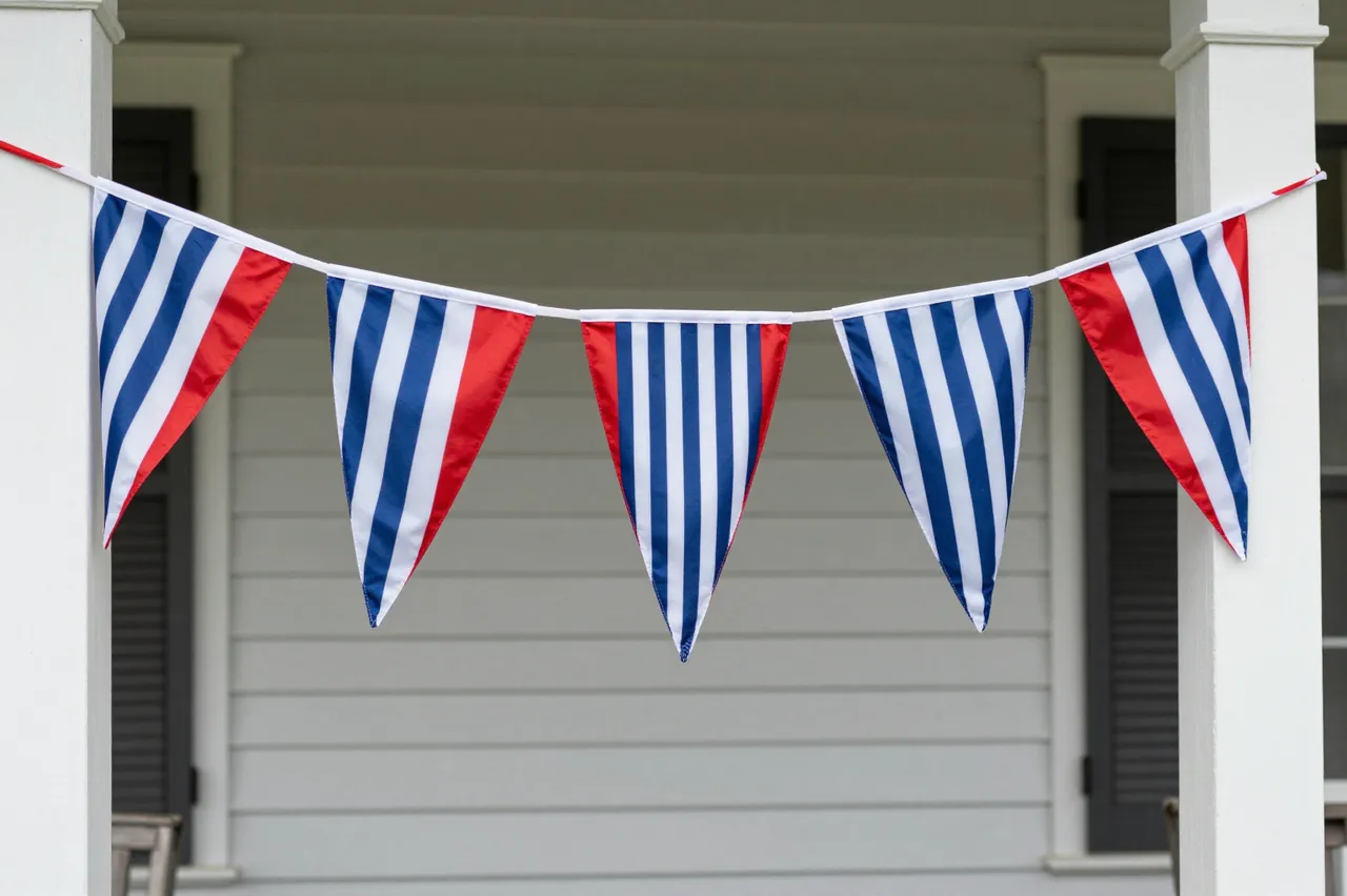 Red white and blue striped triangular bunting hangs between white porch columns of a light gray house.