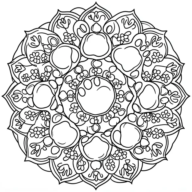 Black and white line art mandala combining paw print and tiny flower motifs for coloring