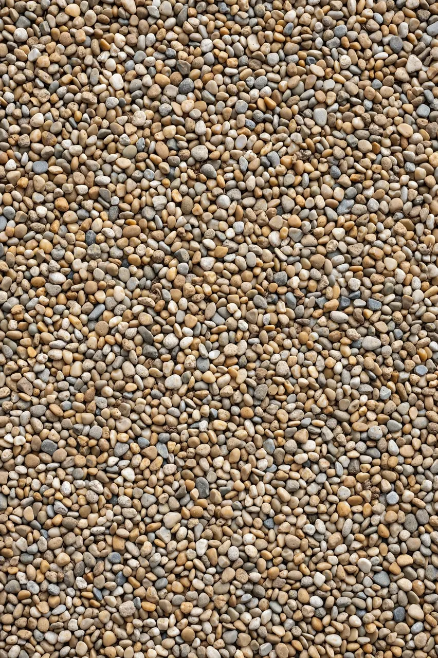 Full frame top view of small rounded pea gravel stones in tan, cream and gray tones.