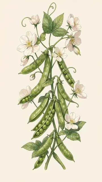 Vertical gouache illustration of pea pods, pale white blossoms and leaves on a cream background