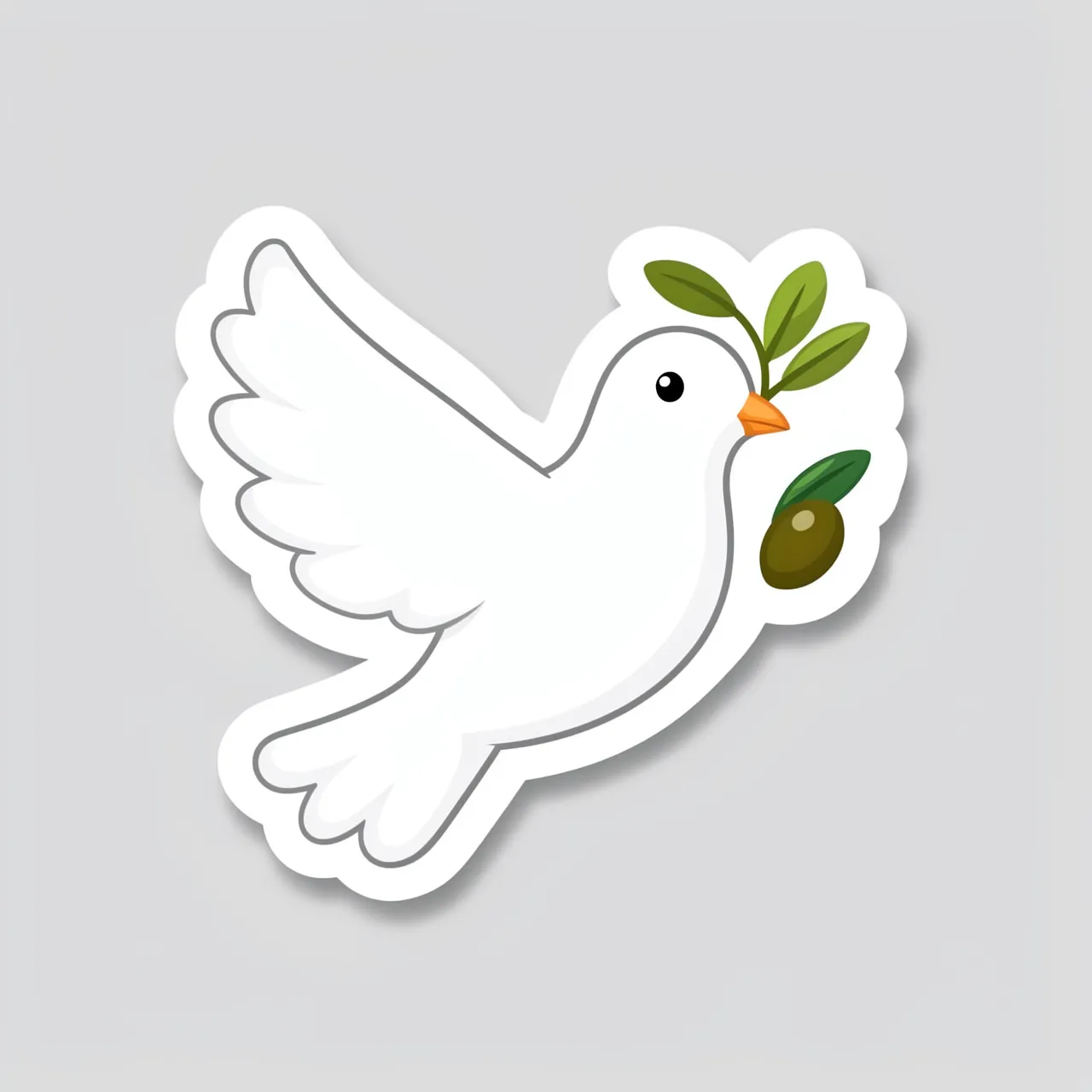 Flat cute die-cut sticker of a white dove holding an olive sprig on a plain light gray background