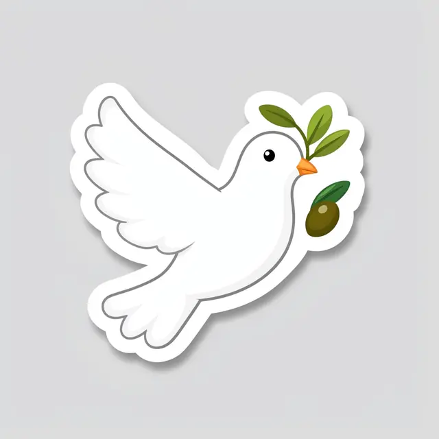 Flat cute die-cut sticker of a white dove holding an olive sprig on a plain light gray background