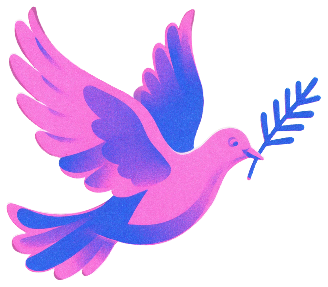 Risograph style peace dove in flight carrying a small fir sprig