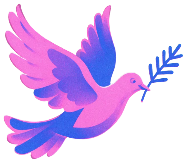 Risograph style peace dove in flight carrying a small fir sprig