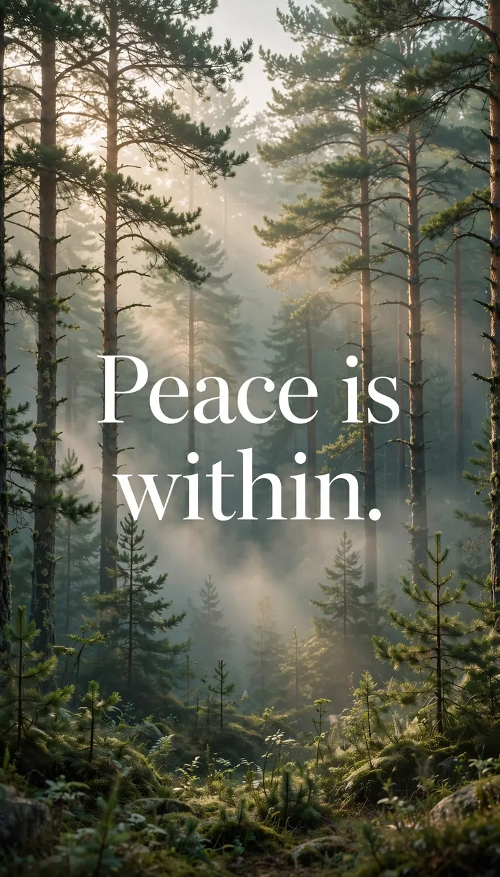 Vertical phone wallpaper showing a misty pine forest in soft morning light with large white serif text that reads "Peace is