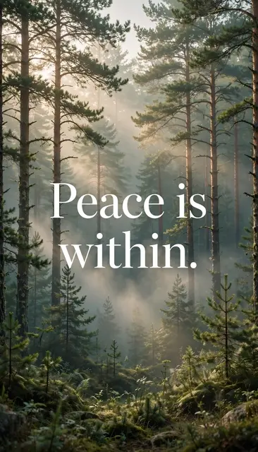 Vertical phone wallpaper showing a misty pine forest in soft morning light with large white serif text that reads "Peace is