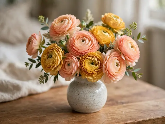 A bouquet of peach and golden yellow ranunculus sits in a speckled ceramic vase on a worn wooden desk.