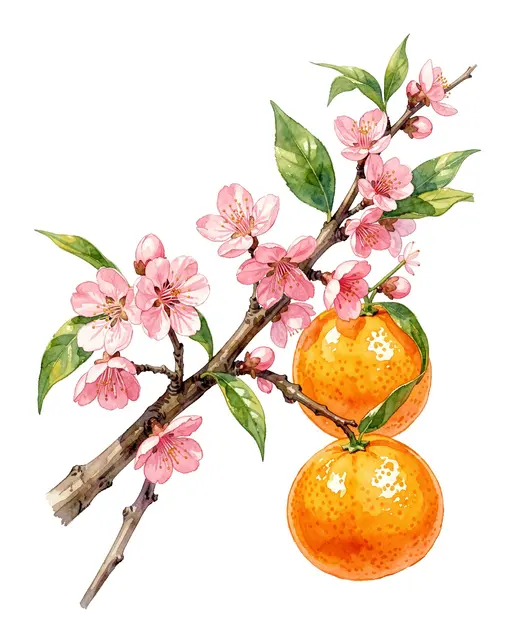 Watercolor illustration of a flowering peach branch with two tangerines on a plain white background