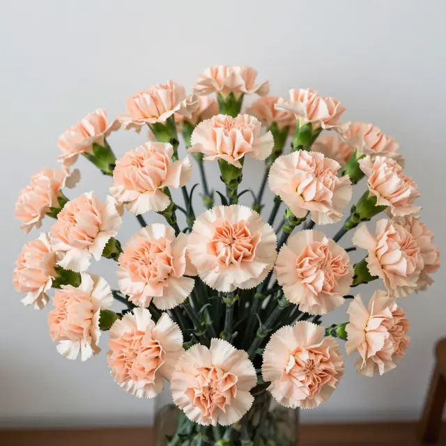A full rounded arrangement of pale peach carnations sits in a clear glass vase against a plain light wall.