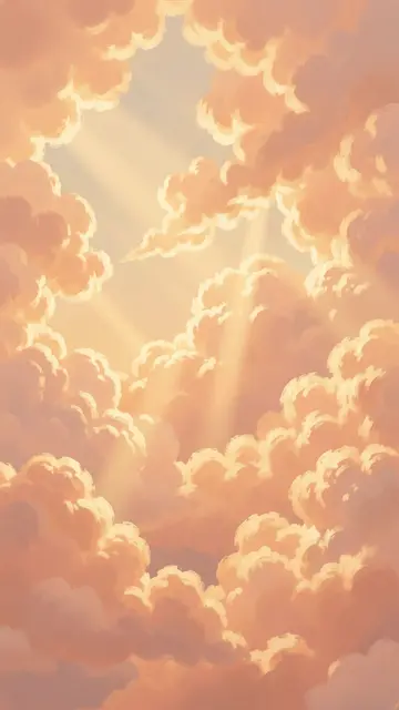Painting of fluffy peach clouds pierced by soft golden sunbeams across a vertical sky scene