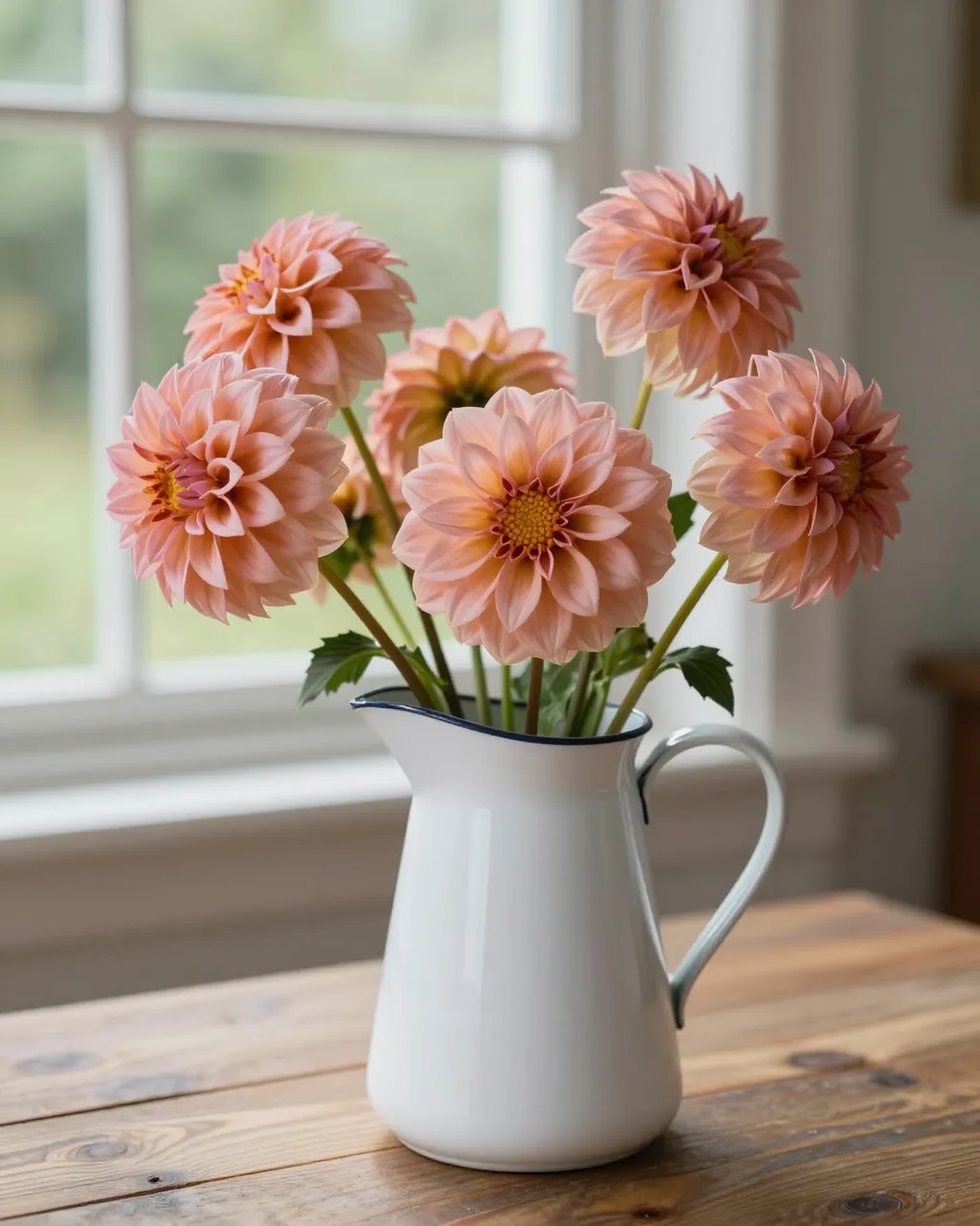 Peach dahlia flowers in a white enamel pitcher sit on a wooden farmhouse table near a sunlit window.