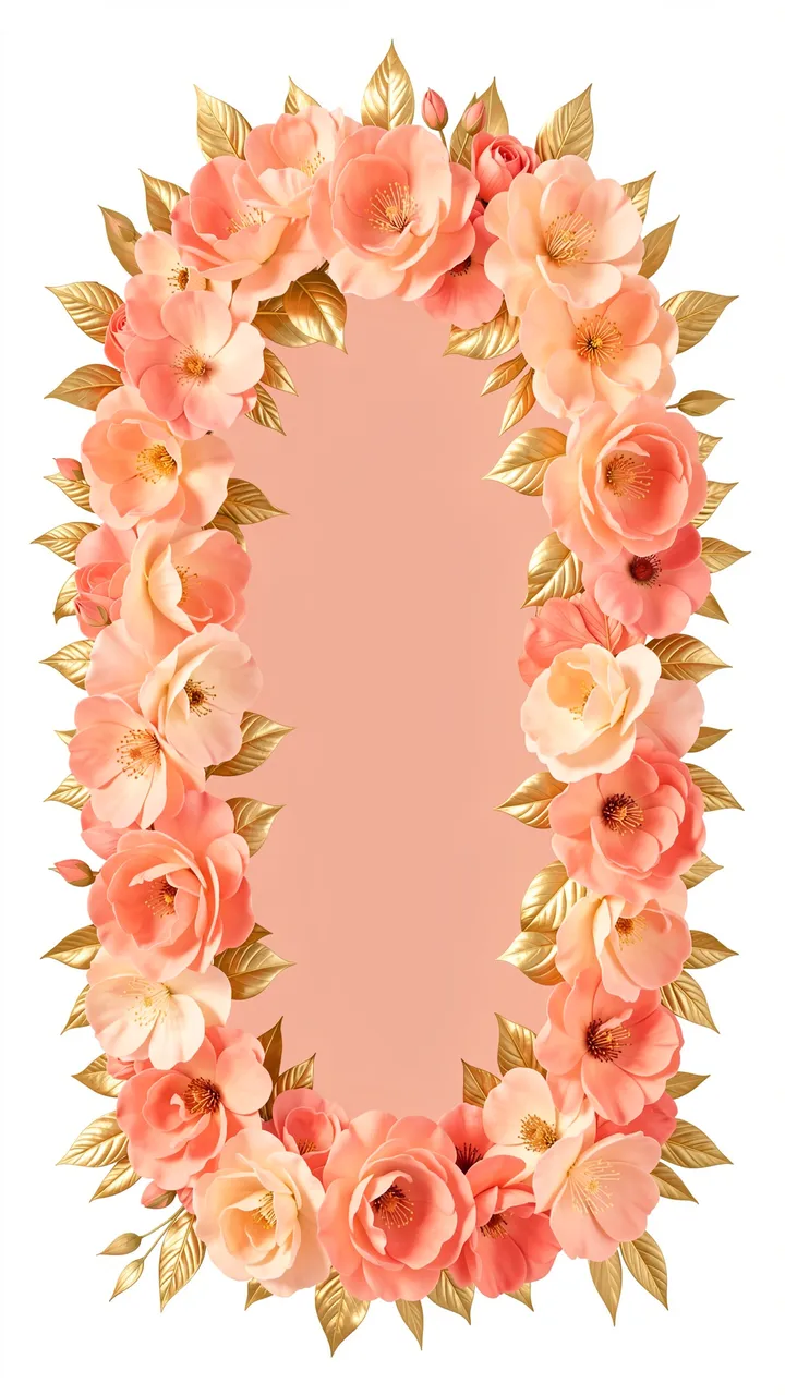 Tall vertical oval frame of peach and coral flowers with gold leaves surrounding a soft blush empty center