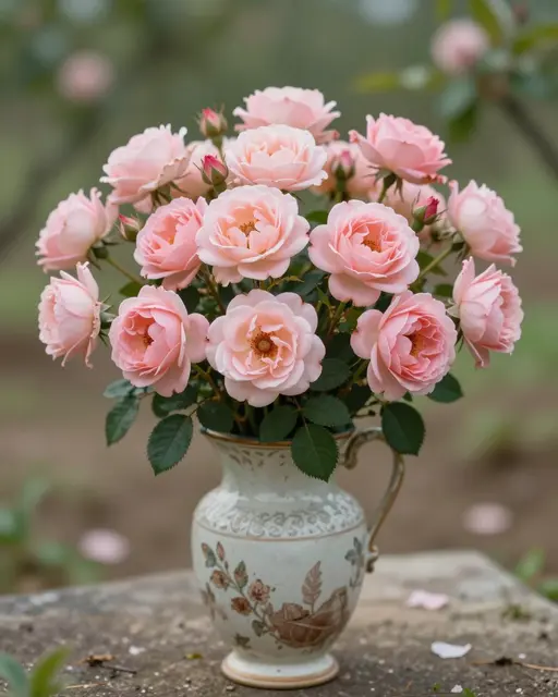 A full bouquet of soft peach pink garden roses sits in a decorative vintage ceramic pitcher on a weathered garden surface