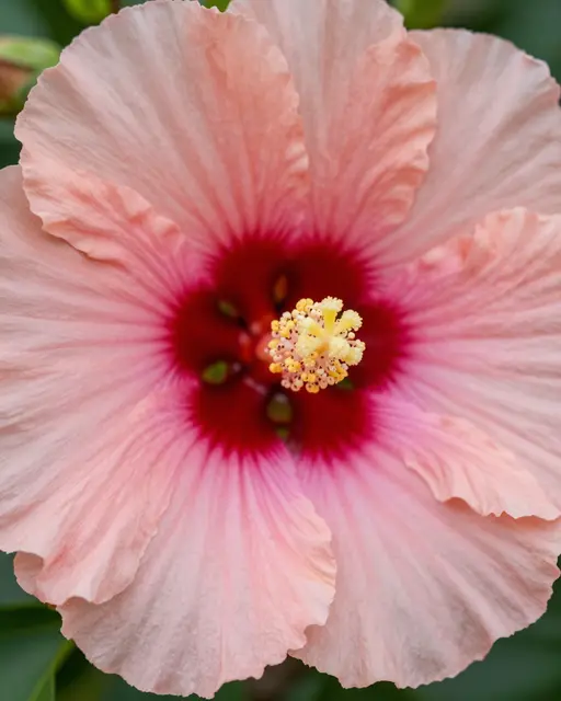 Extreme close-up of a frilly peach hibiscus flower with a deep pink center and yellow stamen