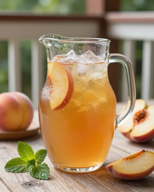 Glass pitcher of peach iced tea with ice, peach slices, and mint on a sunny wooden porch table