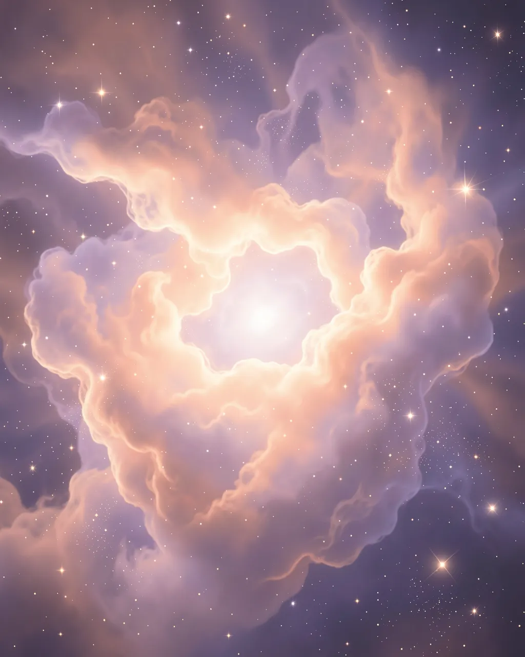 A glowing heart-shaped nebula of soft peach and lavender gas scattered with tiny twinkling stars in deep space