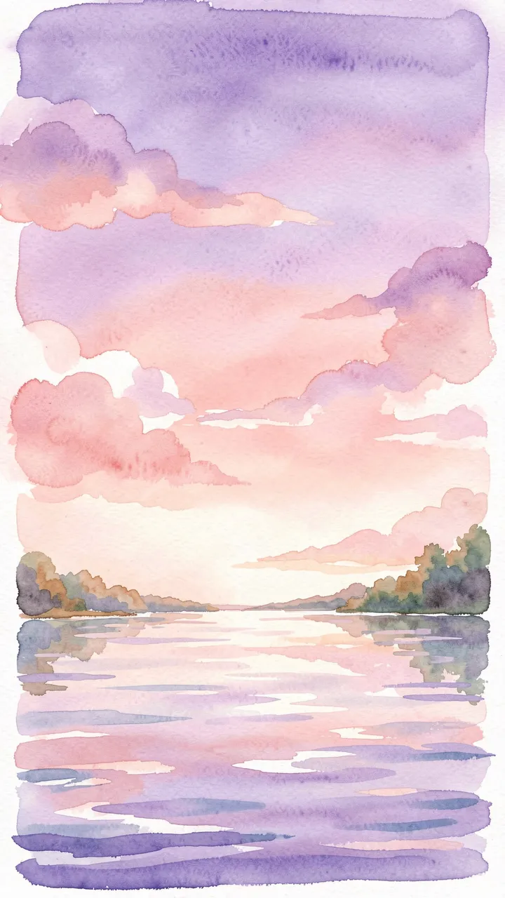 Watercolor painting of a calm lake under a soft peach and lilac sunset sky with treeline reflections