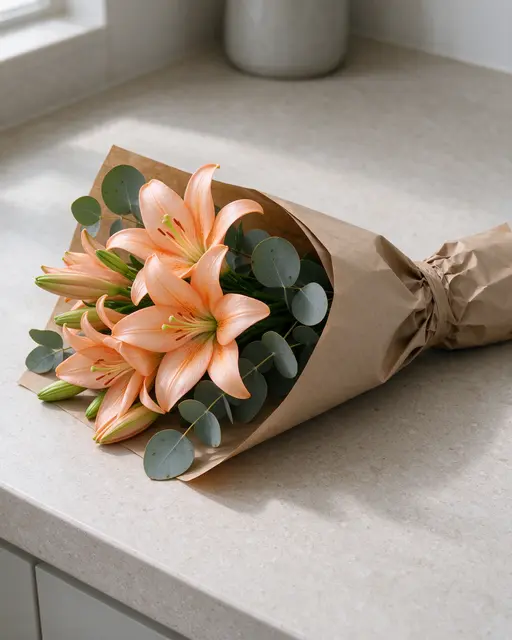 A wrapped bouquet of peach asiatic lilies and eucalyptus rests on a light kitchen counter in soft window light.