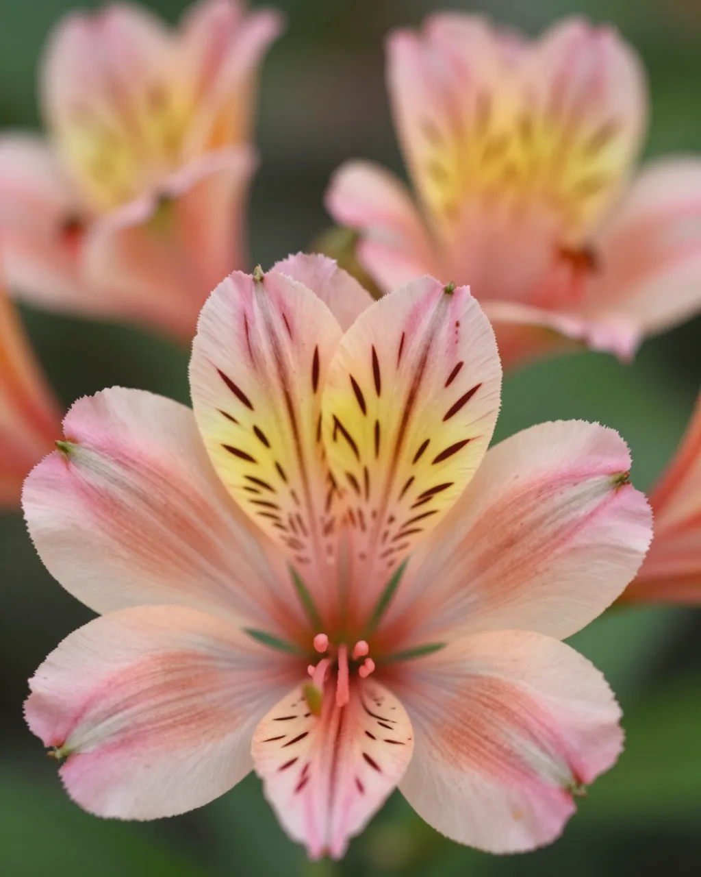 Sharp close-up of a freckled peach and pink alstroemeria bloom with blurred background flowers and foliage