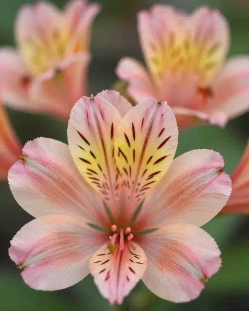 Sharp close-up of a freckled peach and pink alstroemeria bloom with blurred background flowers and foliage