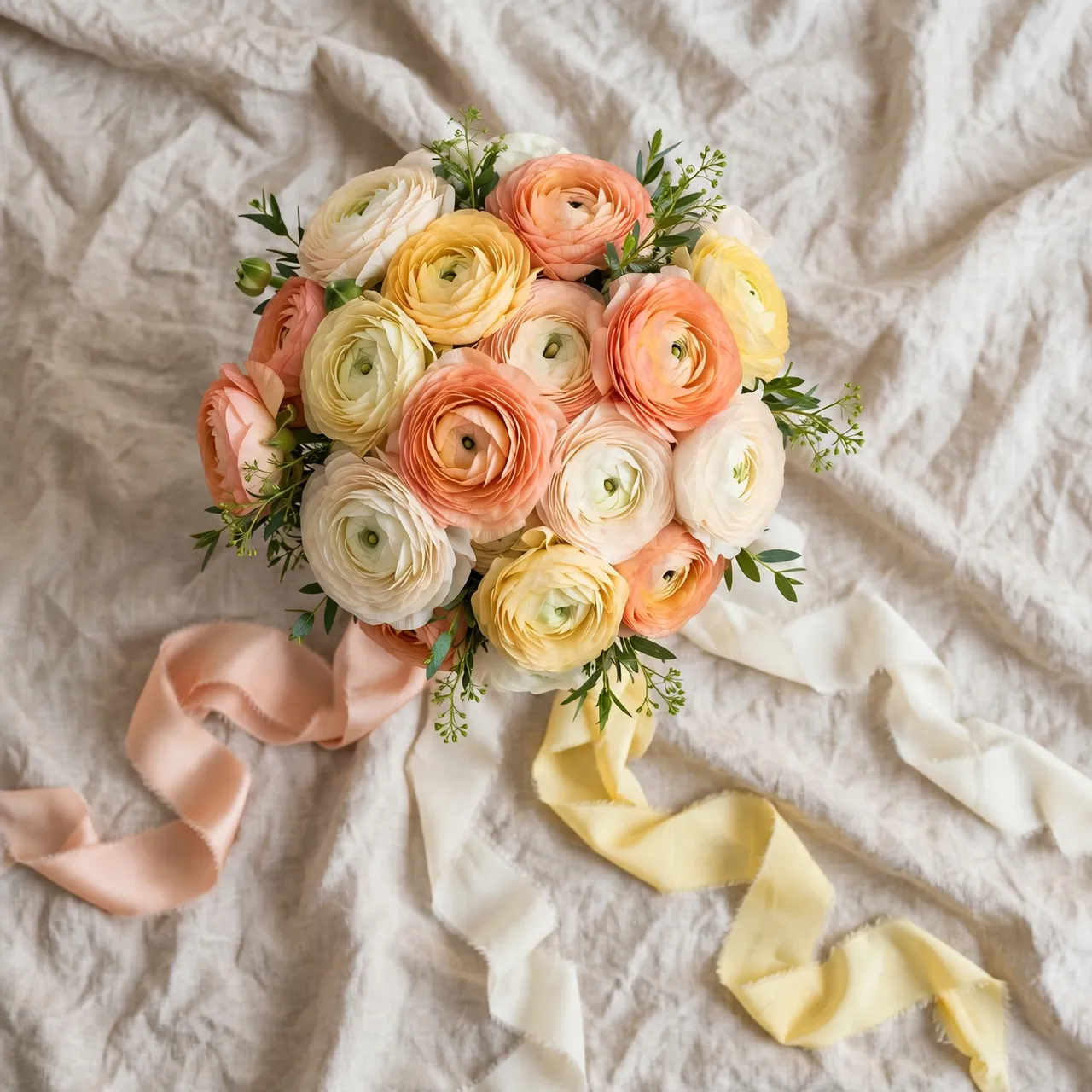 Overhead view of a peach, yellow and cream ranunculus bouquet with silk ribbons resting on crumpled linen.